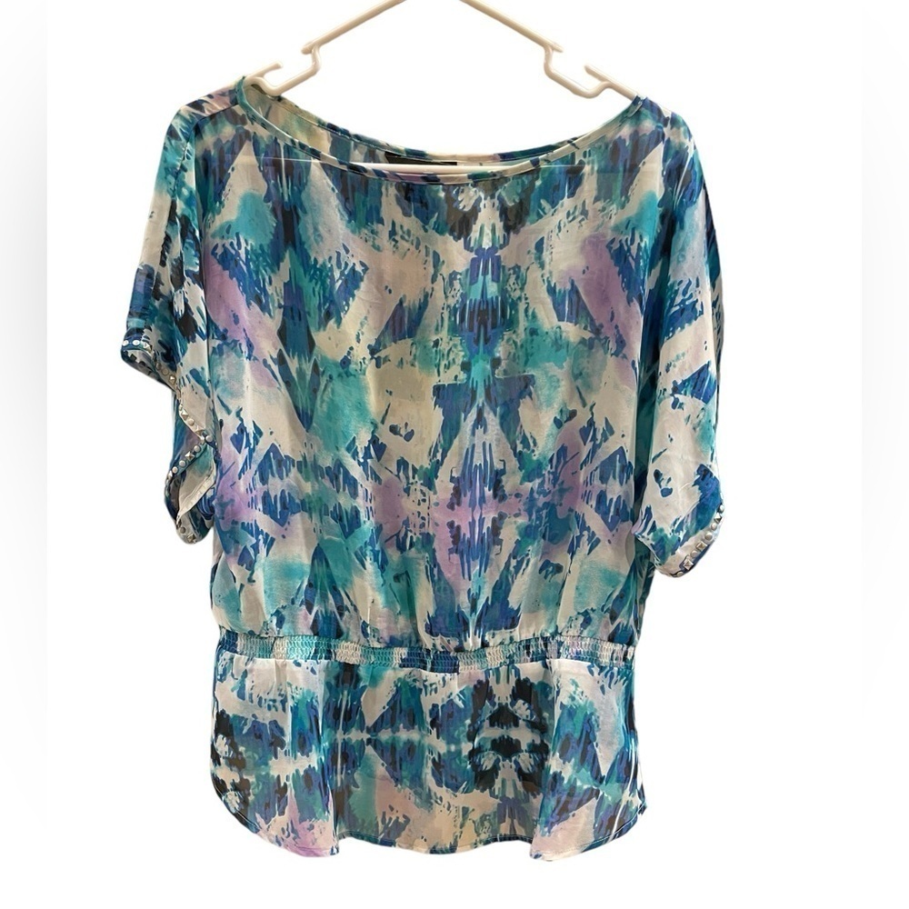 Rock & Republic Women’s Sheer Peplum Blouse with Silver Accent Stones